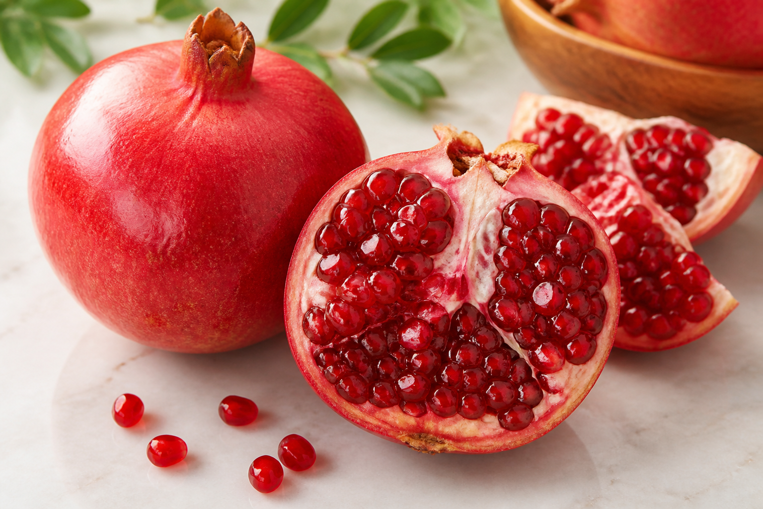 Close-up of Pomegranate as fresh whole and cut fruit on a clean wooden or marble surface