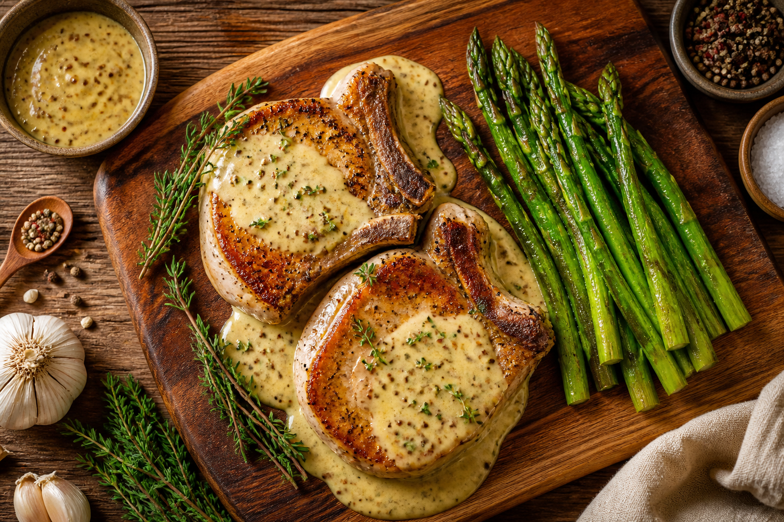 Overhead shot of Pork Chops with Creamy Mustard Sauce and Asparagus plated appetizingly in a wooden board