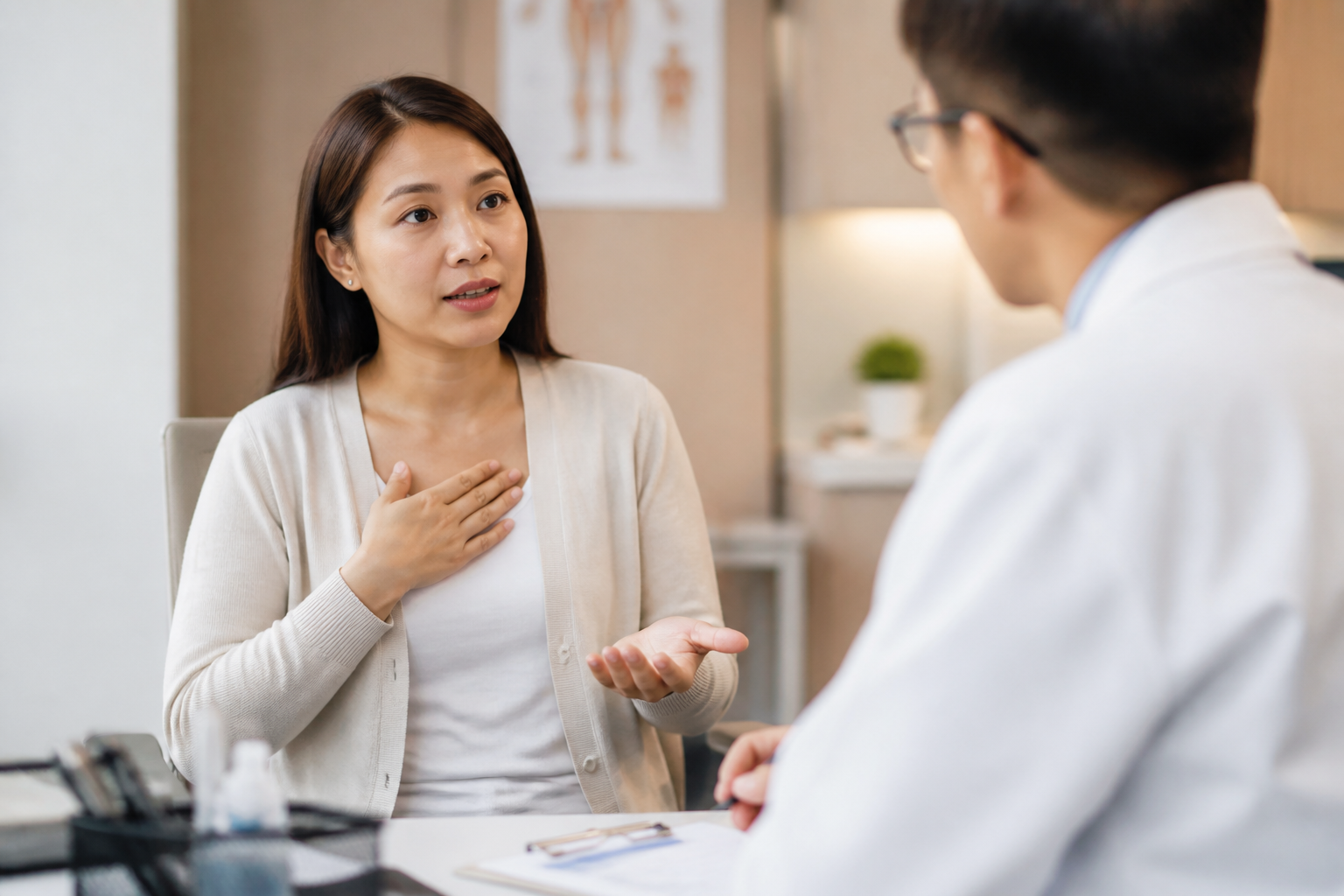 Filipino woman in her 30s sitting at a doctor's office