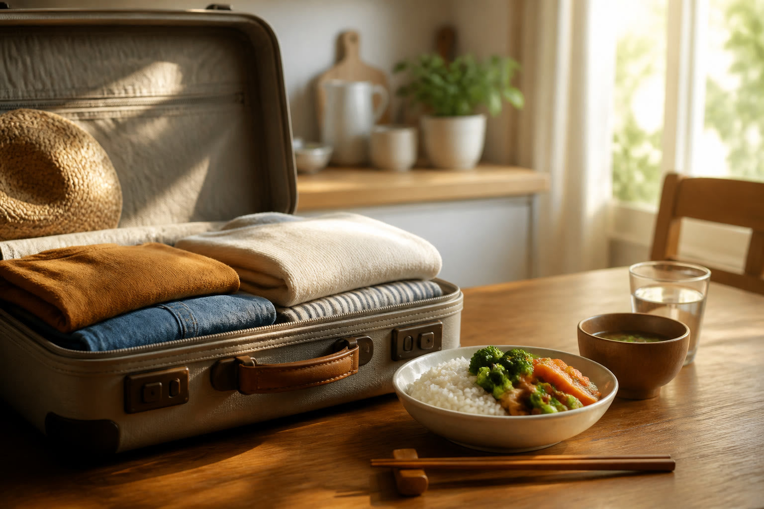 An open suitcase beside a simple home-cooked meal on a kitchen table.