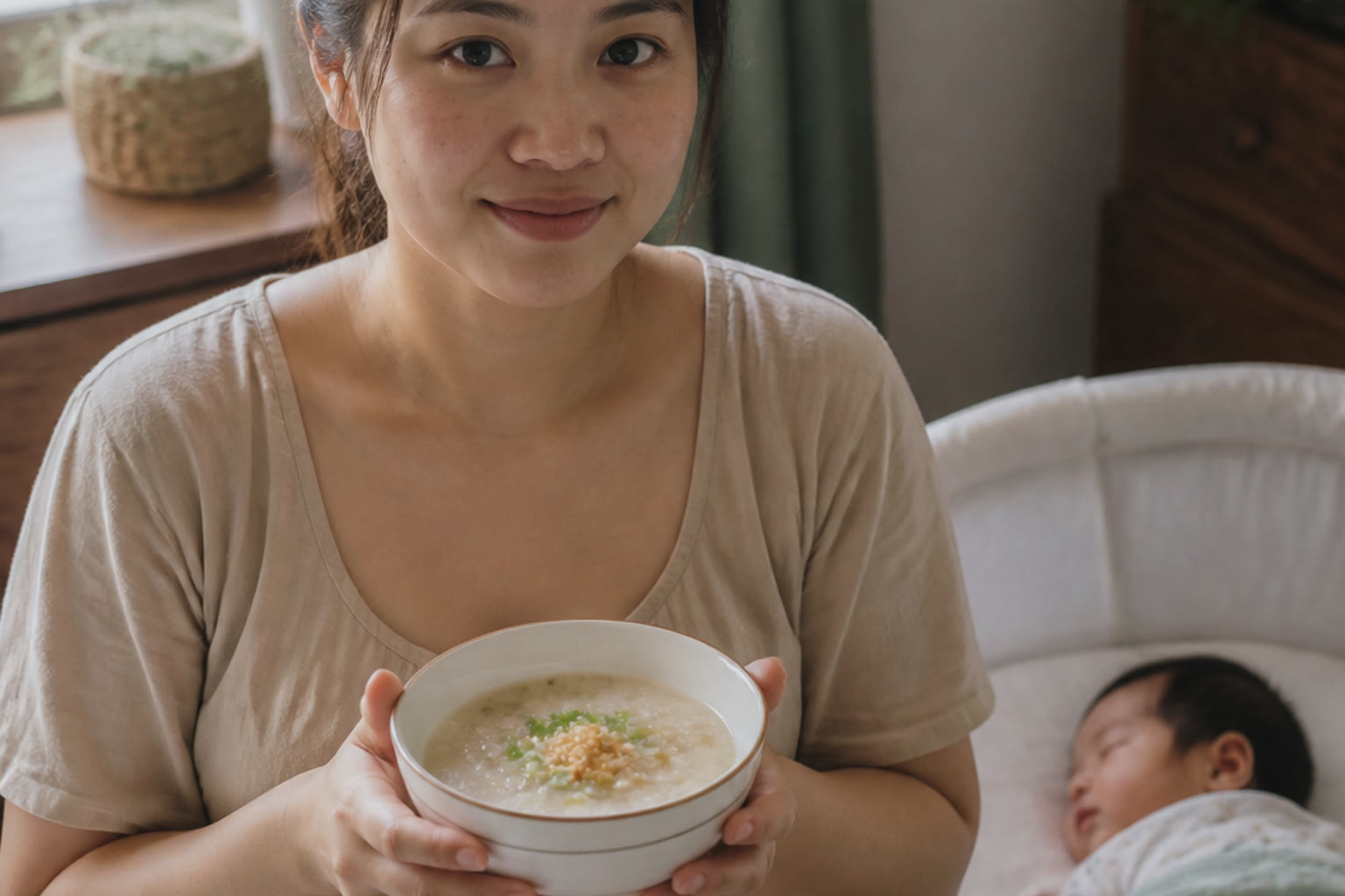 Filipino mother holding a warm bowl of lugaw with a newborn in a bassinet nearby, soft daylight