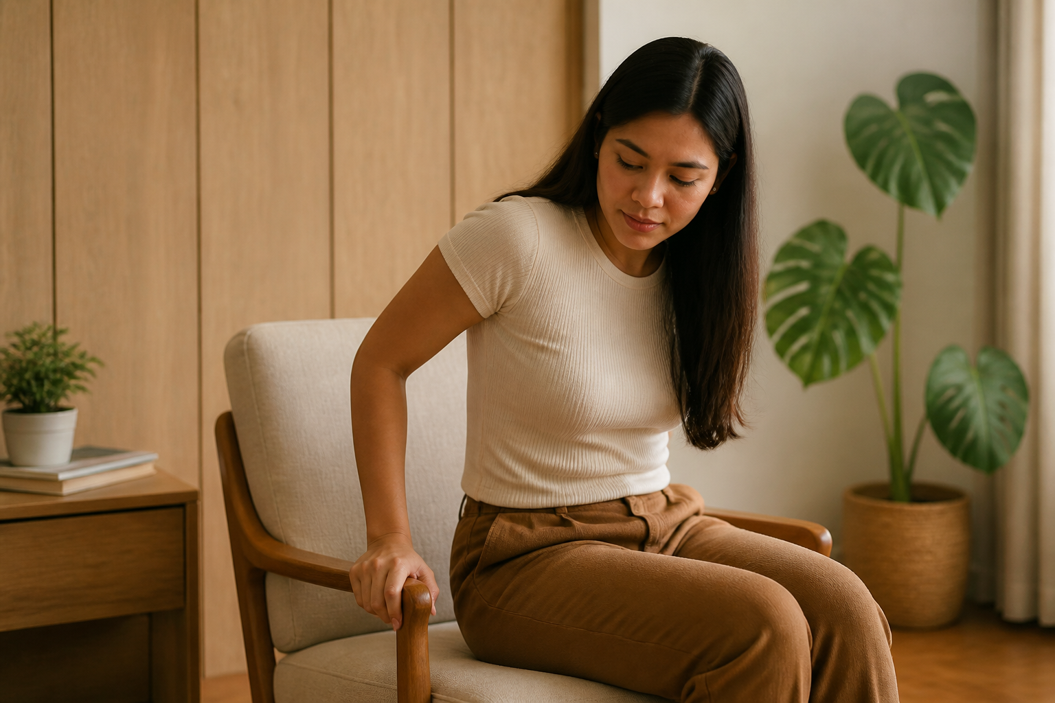Filipino woman in her 20s seated carefully on a chair after standing