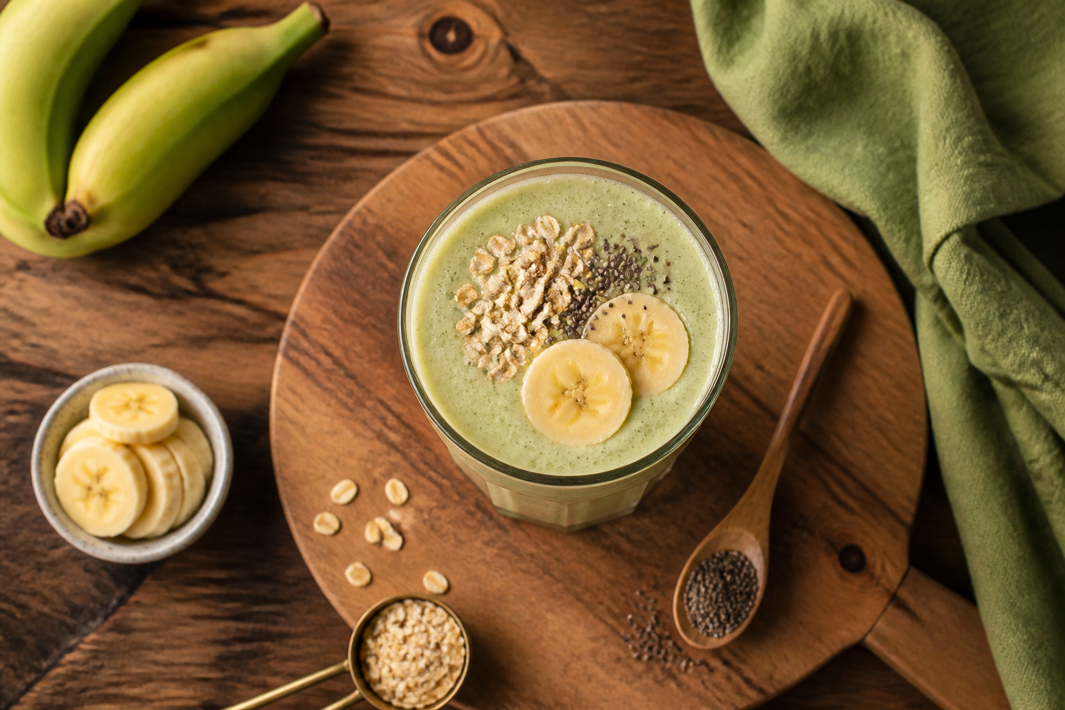 Overhead shot of Prebiotic Green Banana Smoothie plated appetizingly in a tall glass or mug