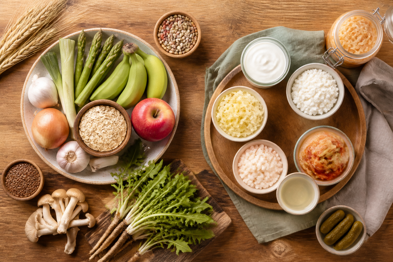 Overhead editorial still life related to Prebiotics vs Probiotics on a warm wooden surface