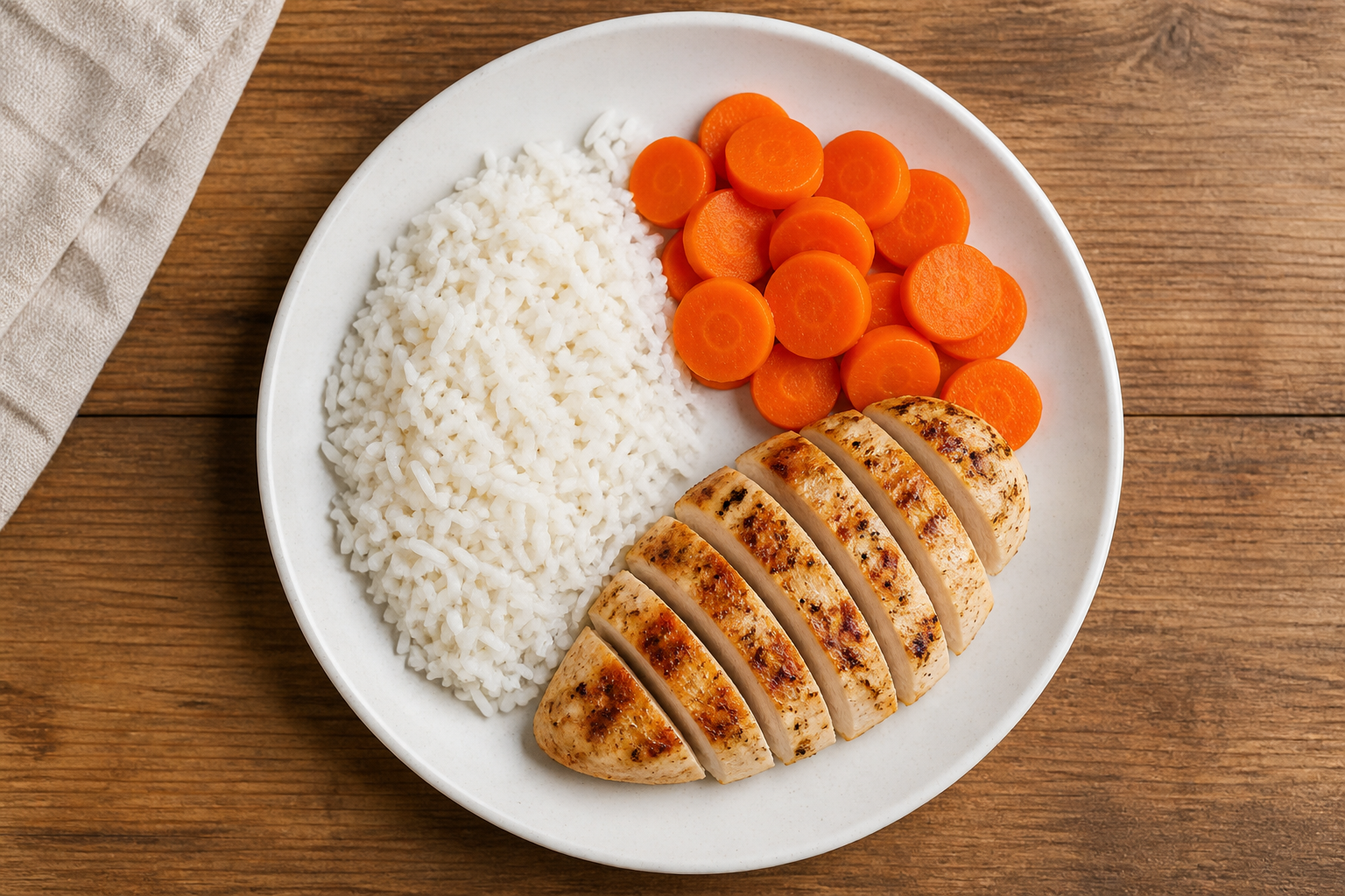 Clean overhead flat lay of a low-FODMAP meal — plain rice