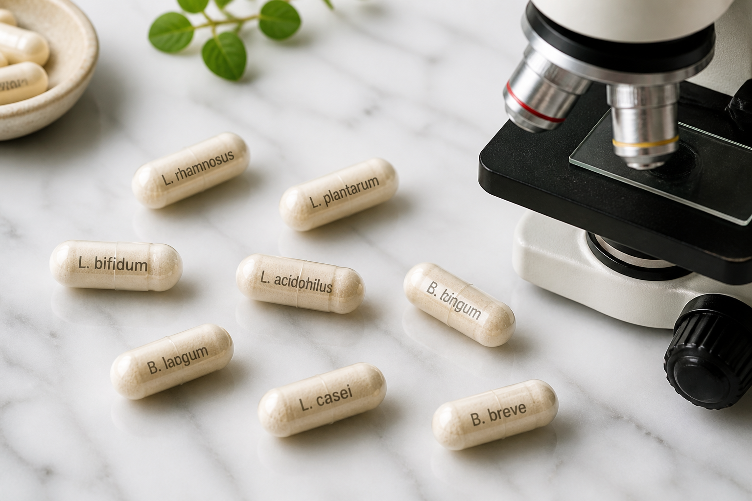 Close-up flat lay of multiple probiotic supplement capsules with different strain labels beside a microscope on a white marble surface