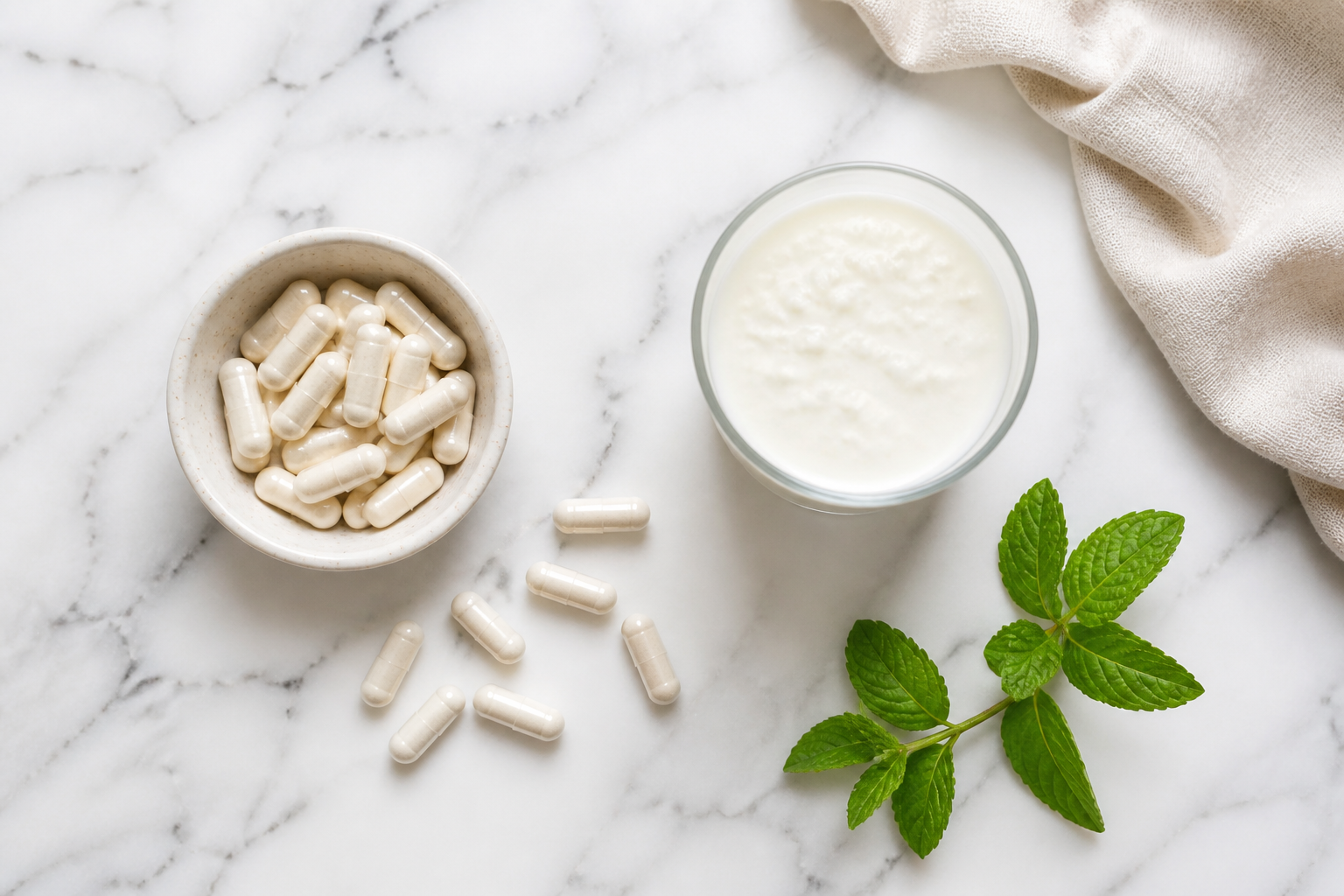 Flat lay of probiotic supplement capsules, a small glass of kefir, and a sprig of mint on white marble