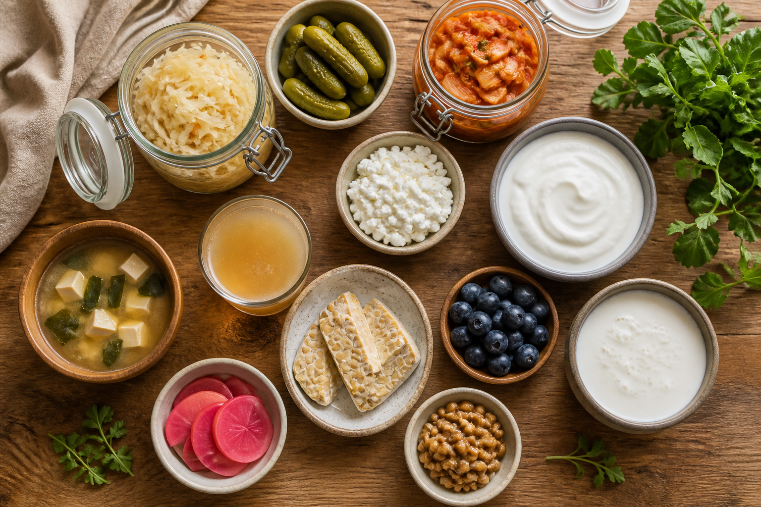 Overhead editorial still life related to Probiotics During and After Cancer Treatment on a warm wooden surface