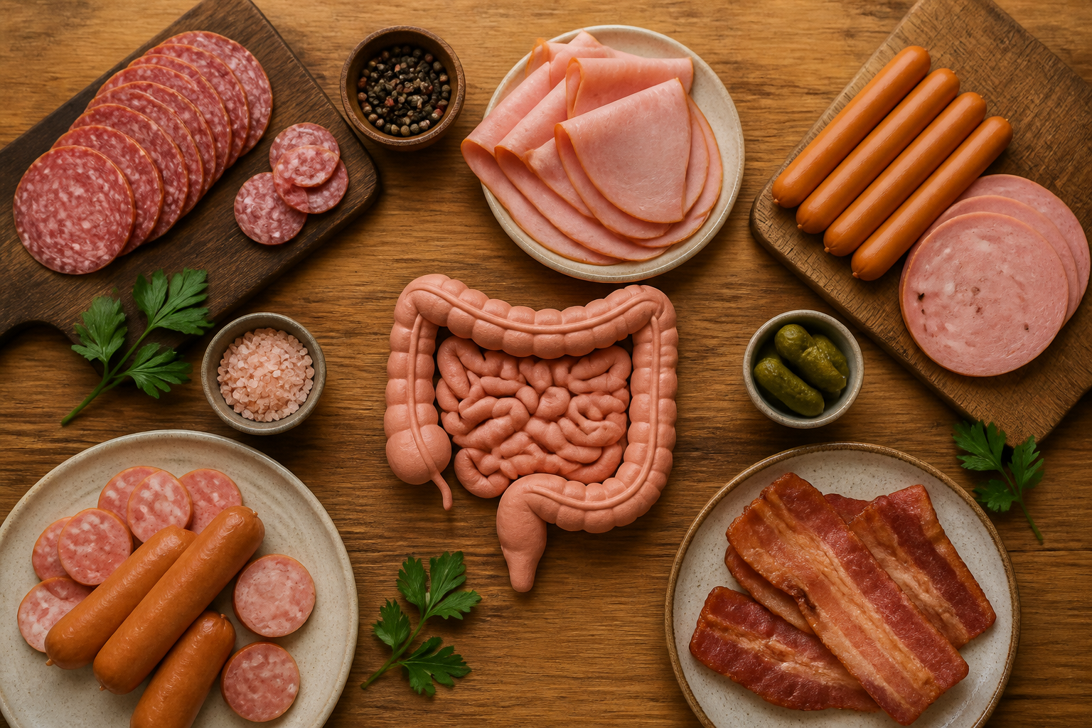 Overhead editorial still life related to Processed Meat and Your Gut on a warm wooden surface