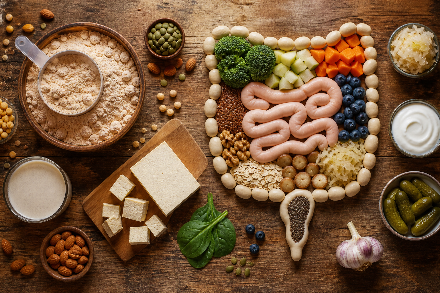 Overhead flat lay of foods representing Protein Powder and Your Gut arranged beautifully on a wooden surface