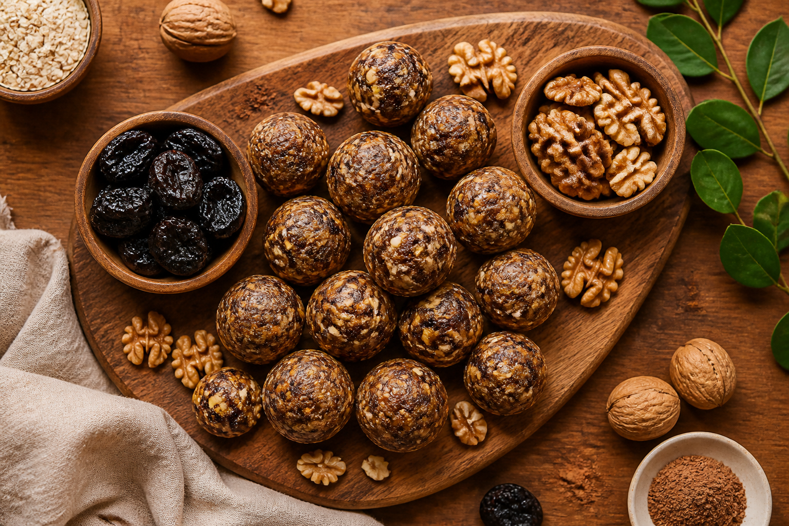 Overhead shot of Prune and Walnut Energy Bites plated appetizingly in a wooden board