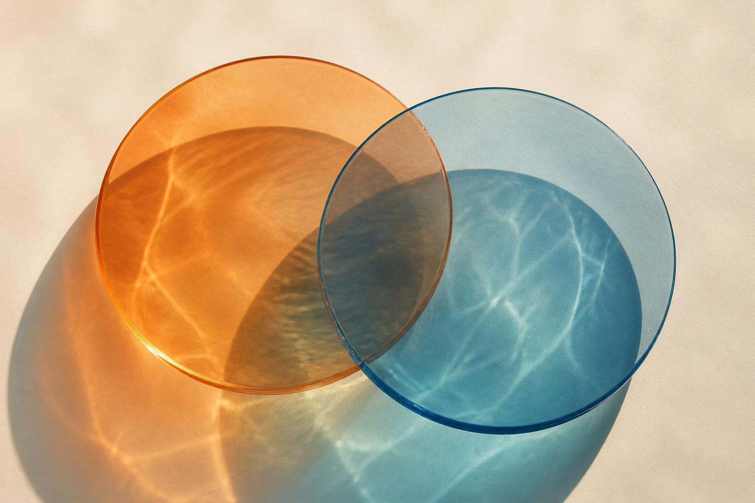 Abstract editorial image of two overlapping translucent circles — one warm