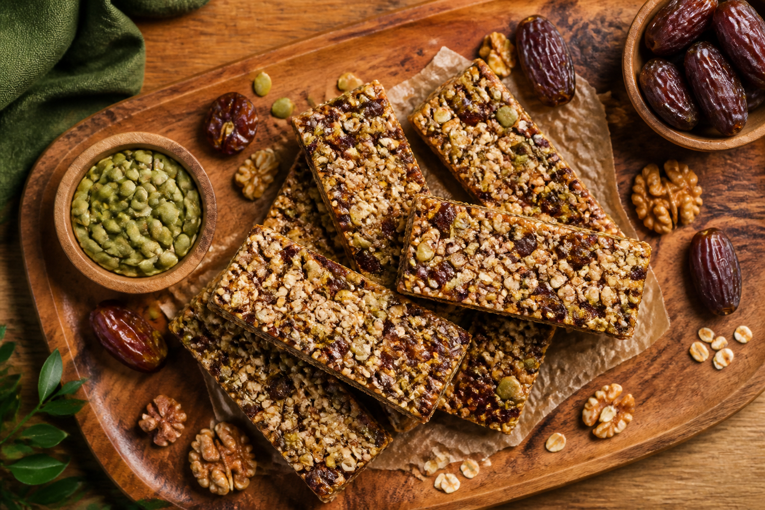 Overhead shot of Pumpkin Seed and Date Granola Bars plated appetizingly in a wooden board