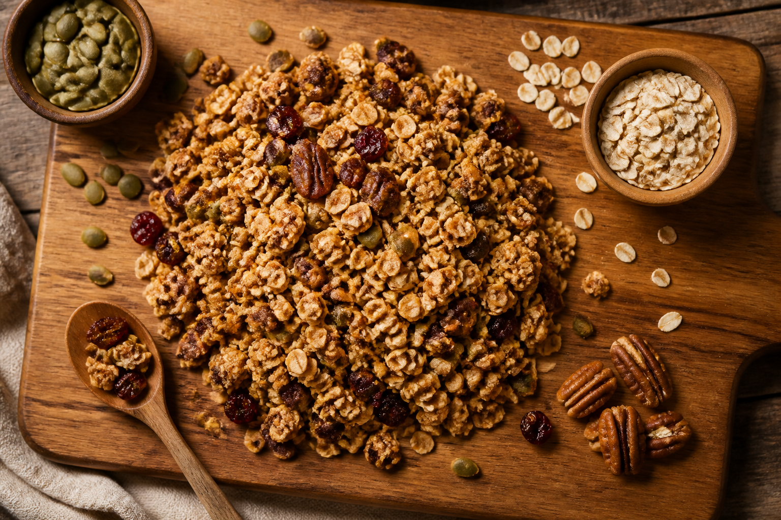 Overhead shot of Pumpkin Seed and Oat Granola plated appetizingly in a wooden board