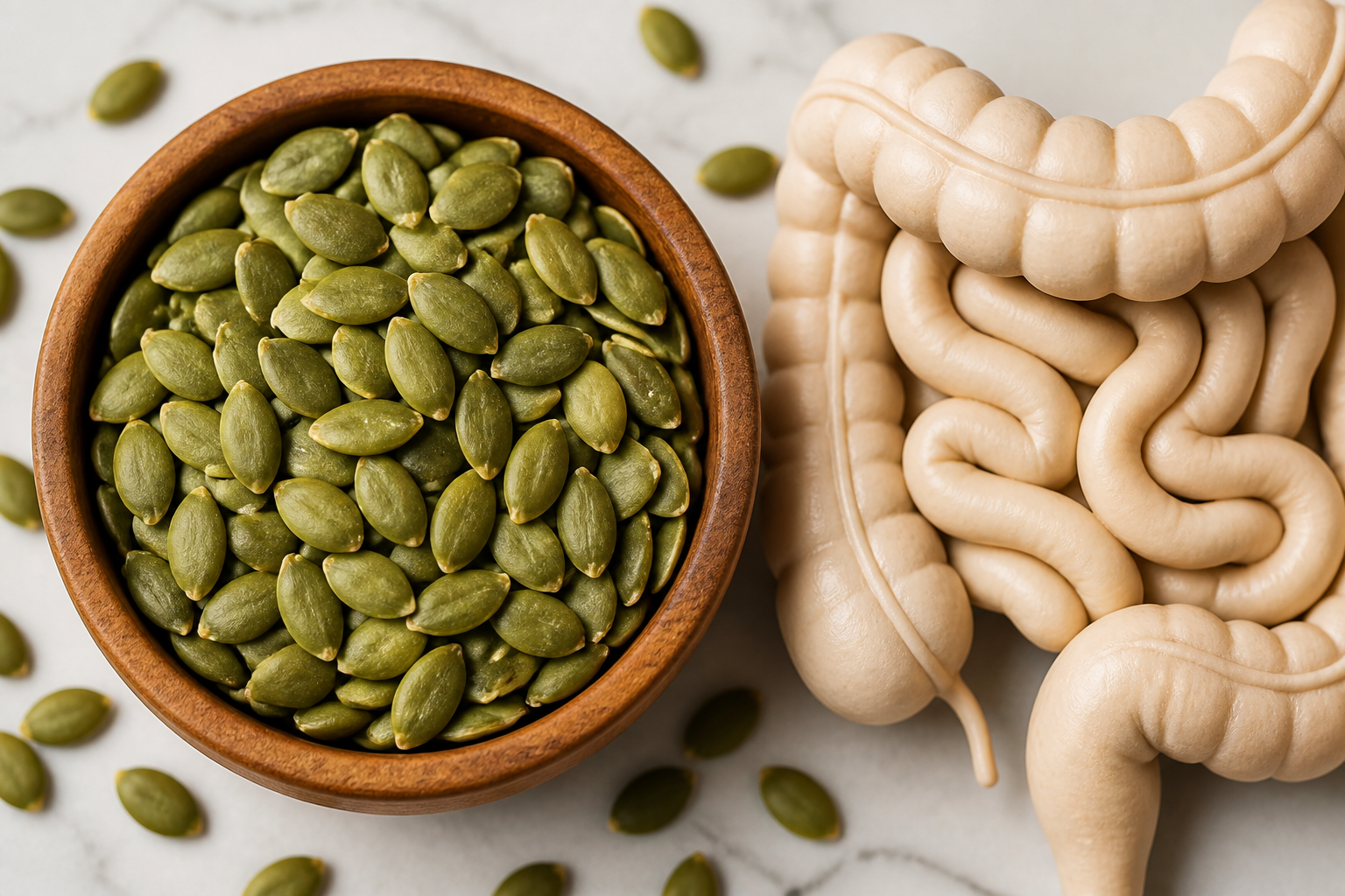 Close-up editorial still life of Pumpkin Seeds and Your Gut on a clean wooden or marble surface