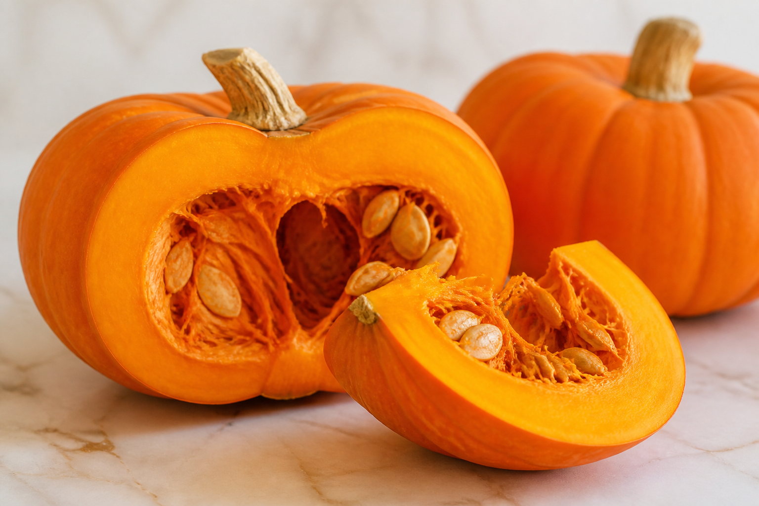 Close-up editorial still life of Pumpkin on a clean wooden or marble surface