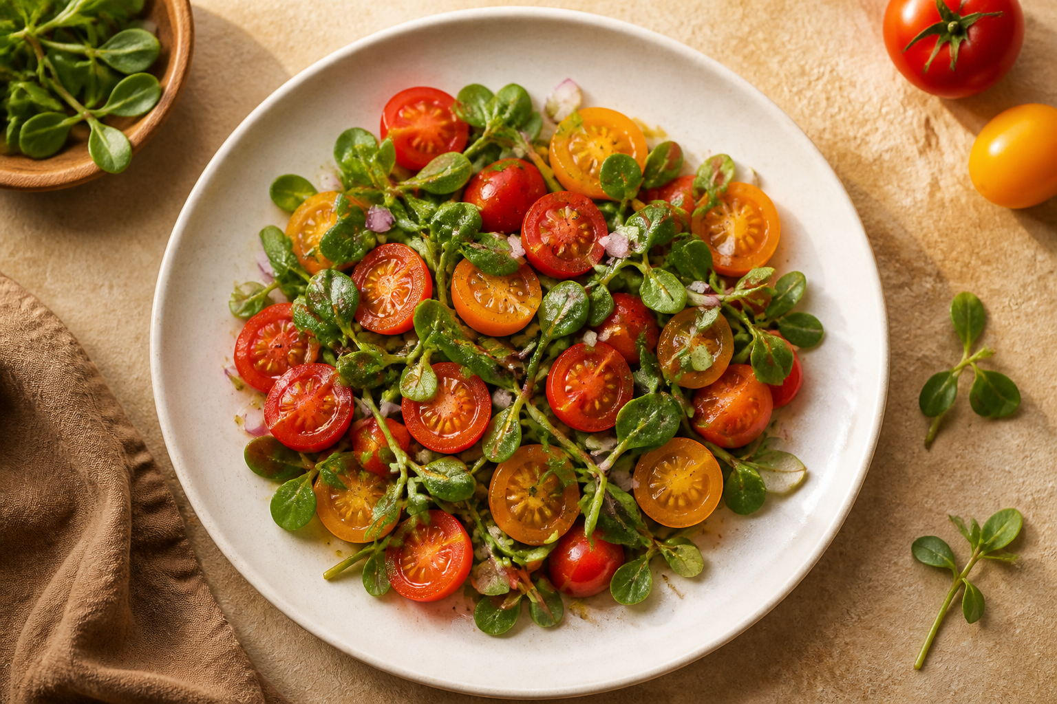 Overhead shot of Purslane and Tomato Salad plated appetizingly in a wide clean plate
