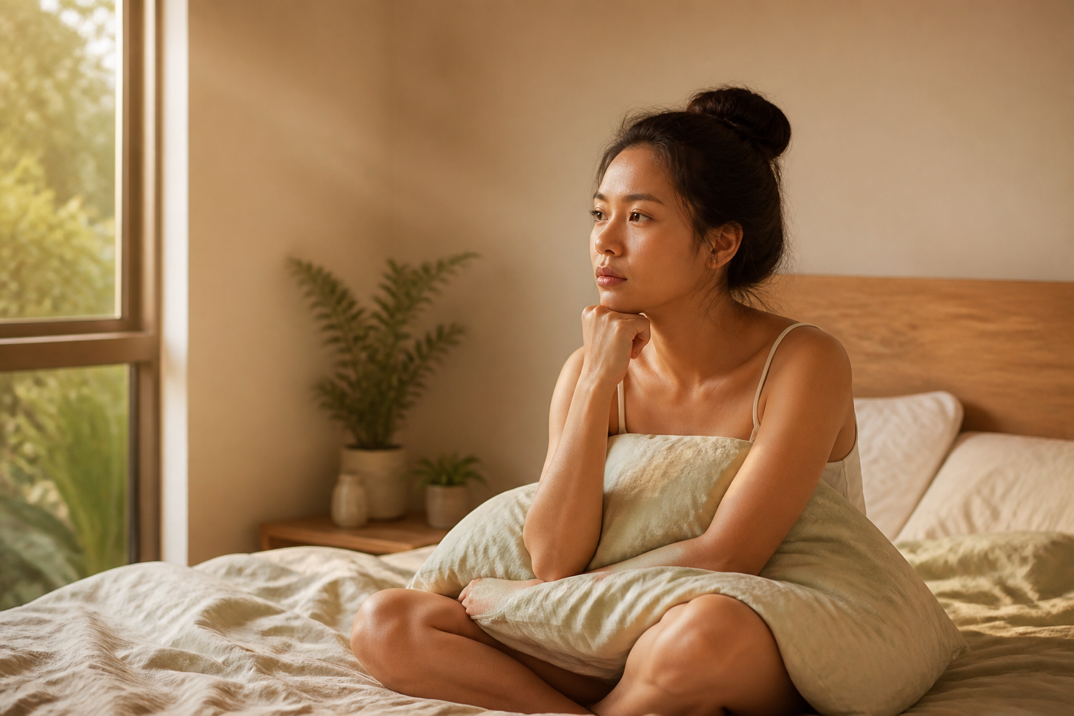 Filipino woman in her 30s sitting on her bed in the morning