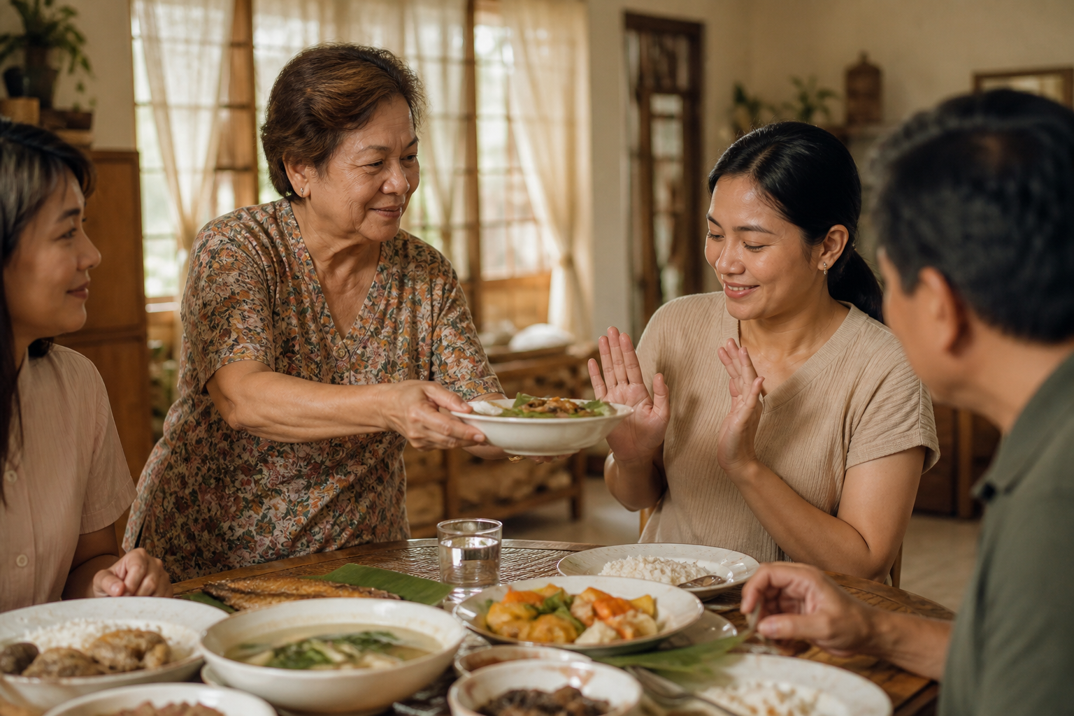 Filipino family meal scene — a grandmother offering more food to a younger woman who gently declines