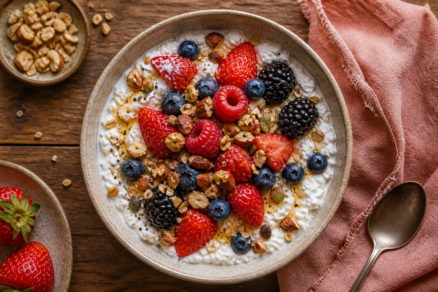 Overhead shot of Quark and Berry Breakfast Bowl plated appetizingly in a ceramic bowl with toppings visible