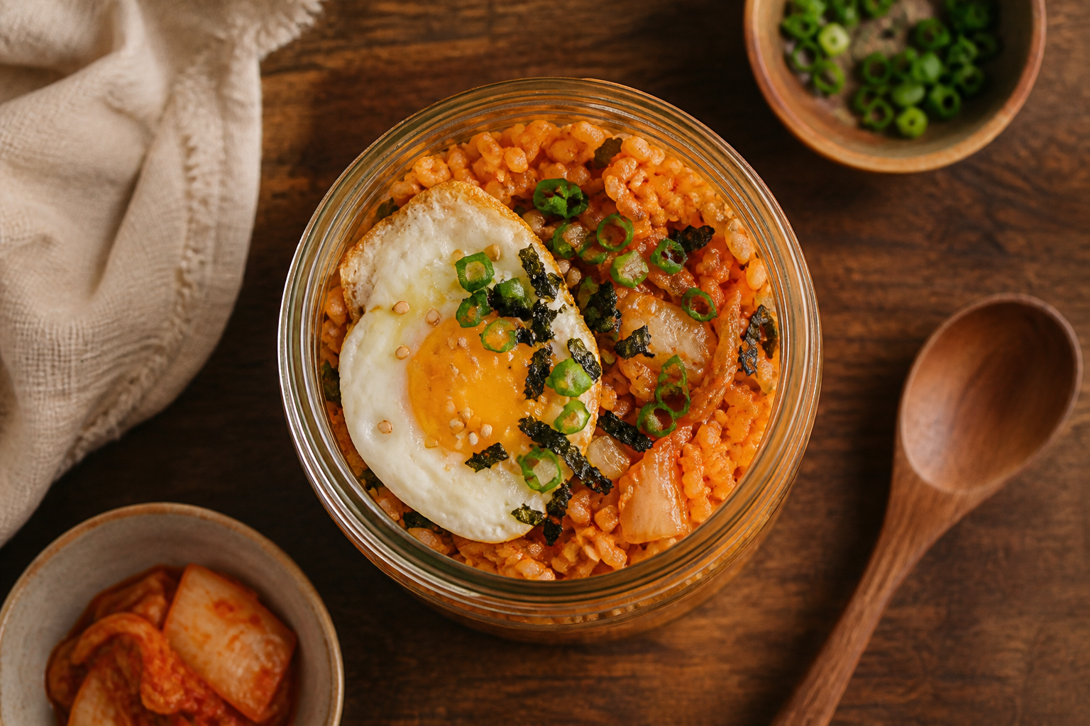 Overhead shot of Quick Kimchi Fried Rice plated appetizingly in a mason jar
