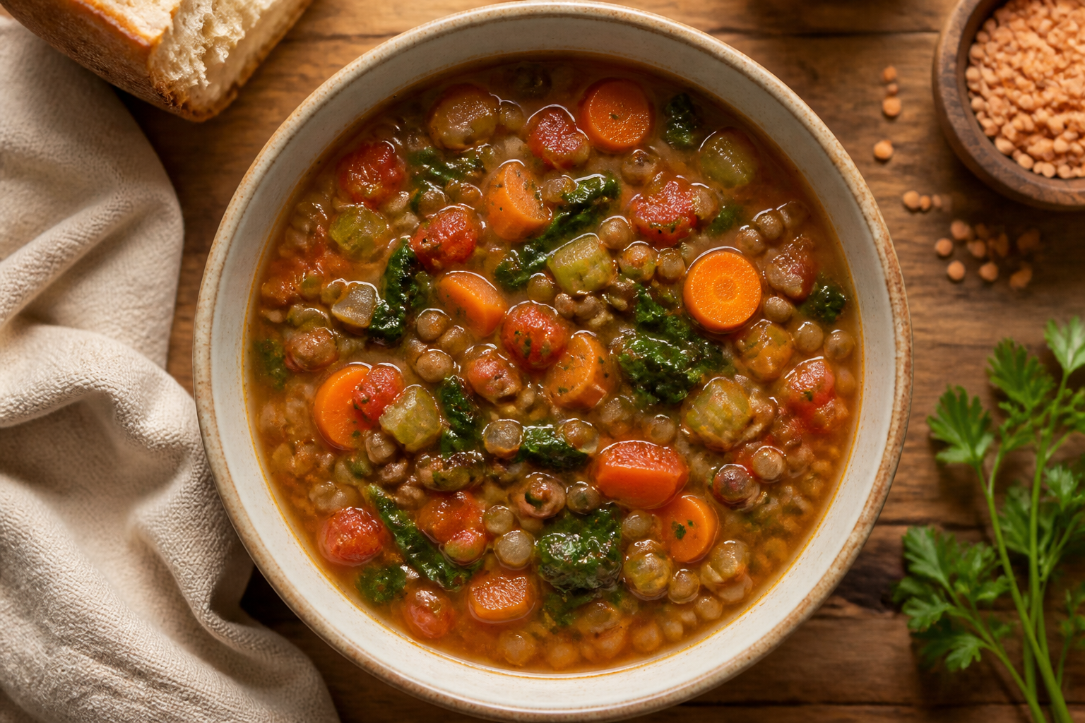 Overhead shot of Quick Lentil Vegetable Soup plated appetizingly in a ceramic bowl
