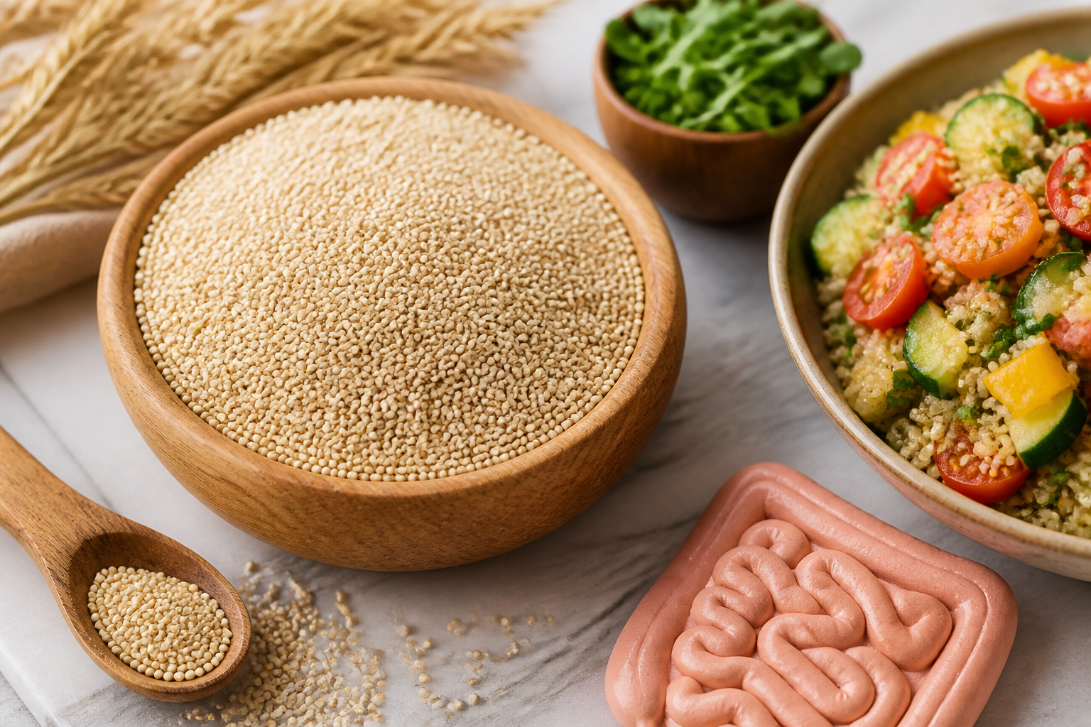 Close-up editorial still life of Quinoa and Your Gut on a clean wooden or marble surface