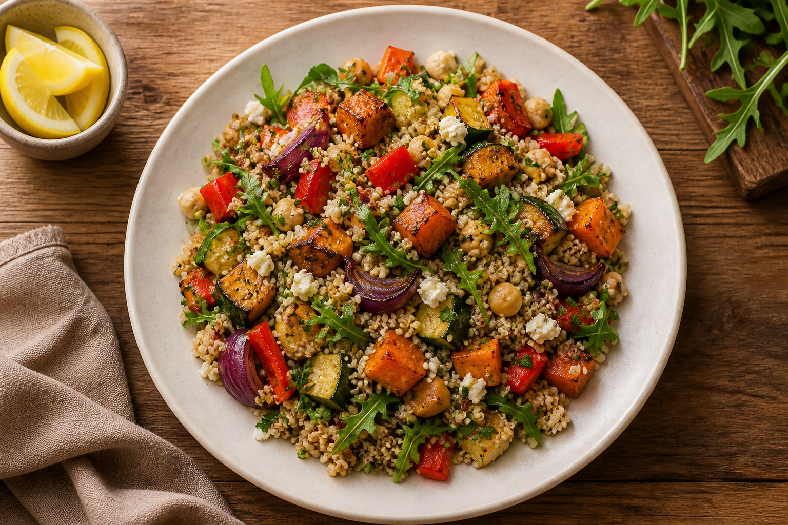 Overhead shot of Quinoa Salad with Roasted Vegetables plated appetizingly in a wide clean plate