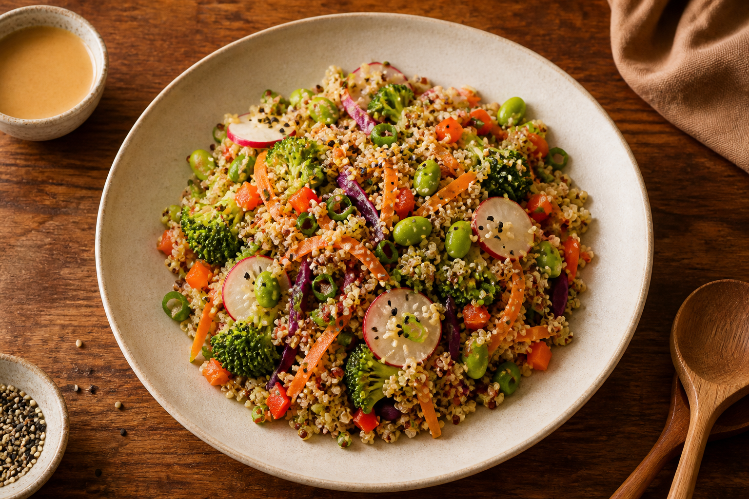 Overhead shot of Quinoa Vegetable Salad with Miso Ginger Dressing plated appetizingly in a wide clean plate