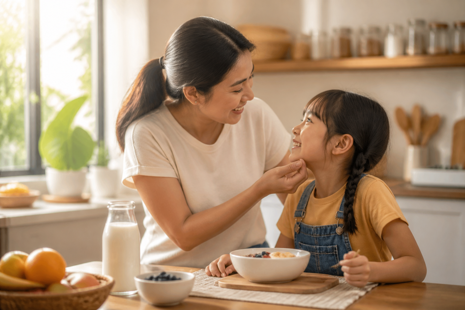 Filipino parent with a child age 6-8 in a warm home kitchen