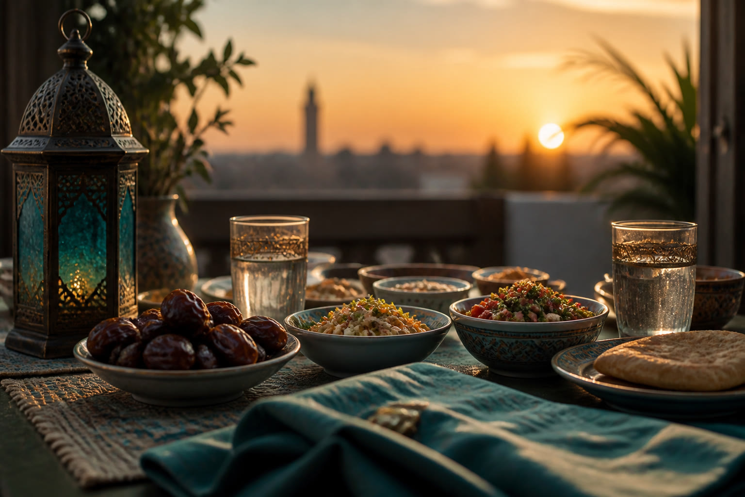 Modest iftar table with dates, water, and simple dishes at sunset