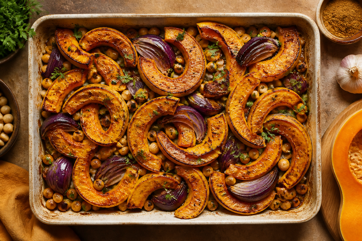 Overhead shot of Ras el Hanout Roasted Squash plated appetizingly in a baking tray