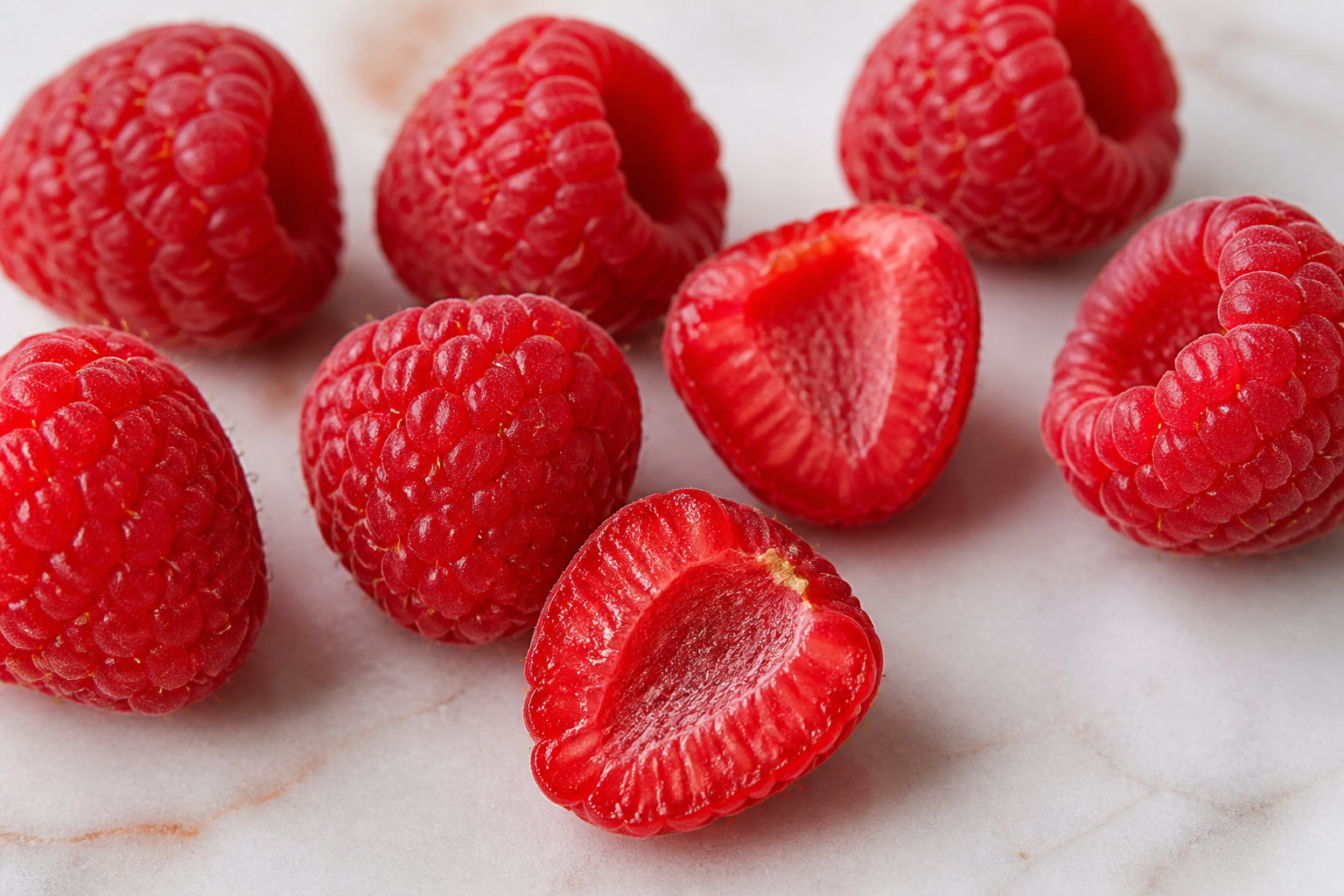 Close-up of Raspberries as fresh whole and cut fruit on a clean wooden or marble surface