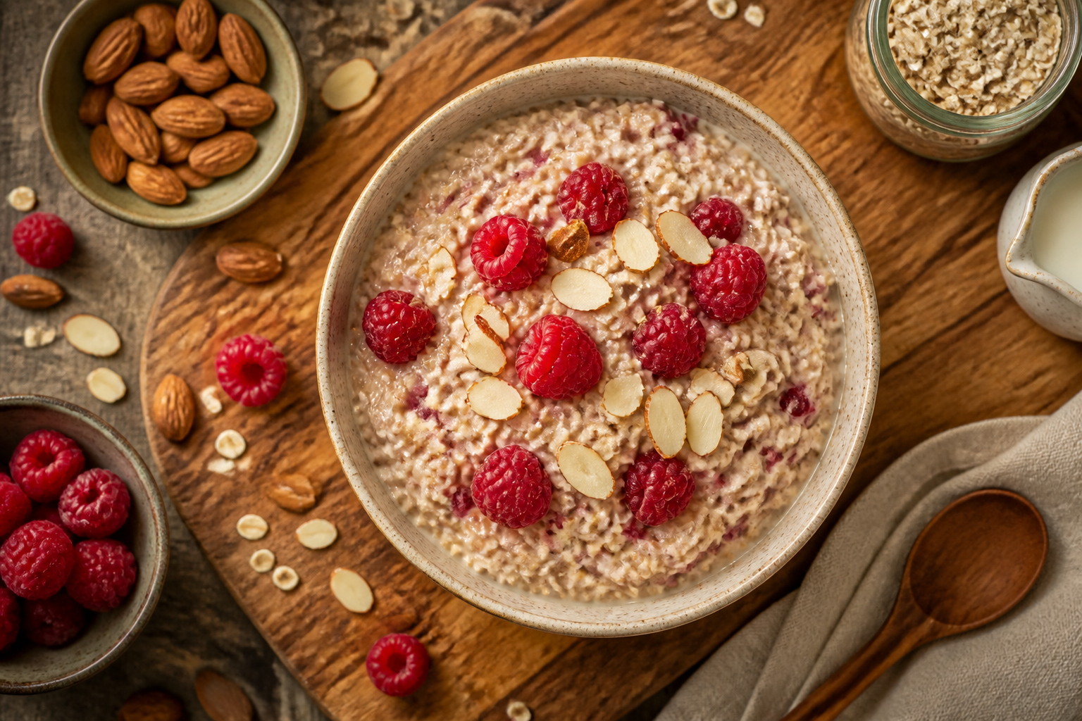 Overhead shot of Raspberry and Almond Overnight Oats plated appetizingly in a wooden board