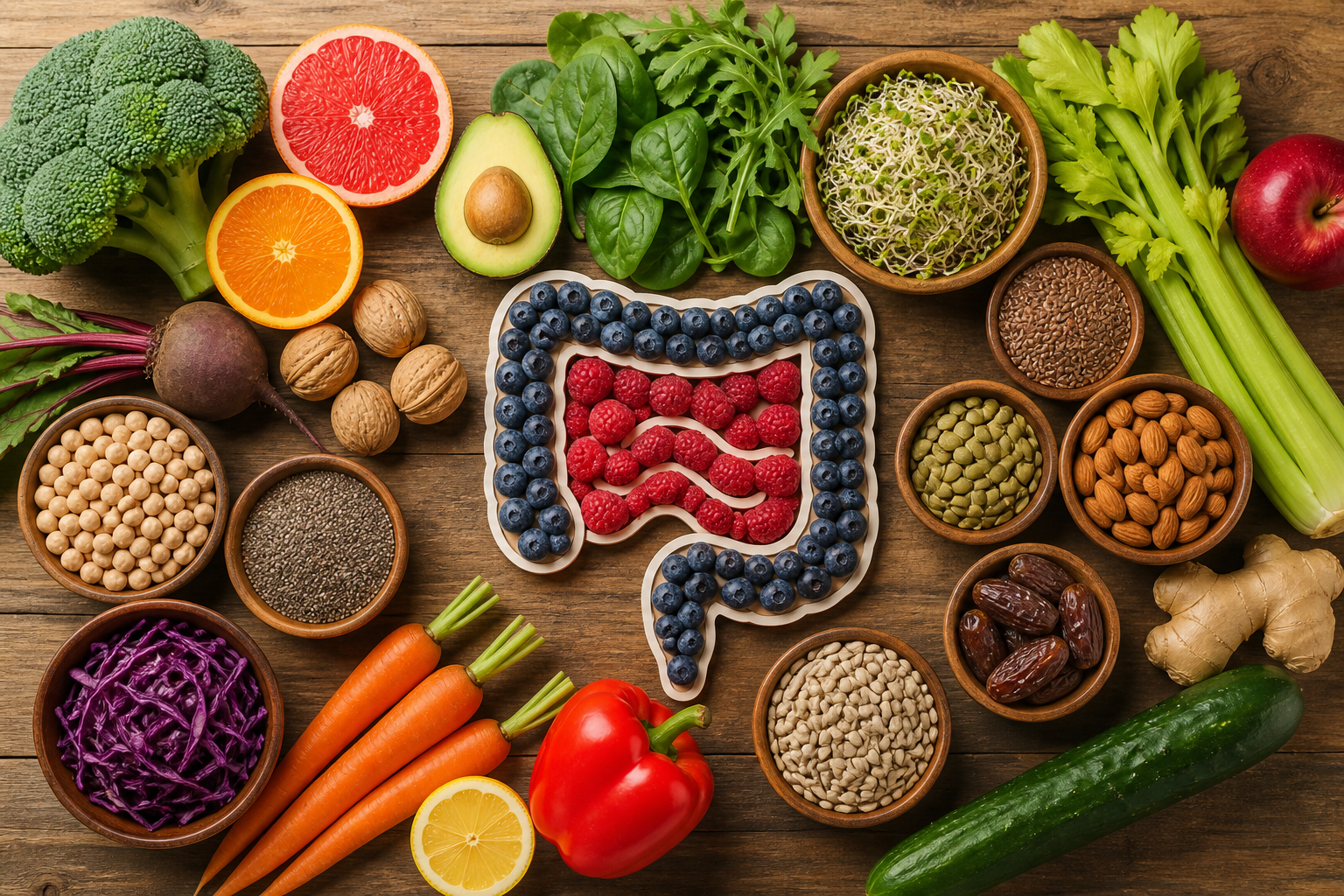 Overhead flat lay of foods representing Raw Food Diet and Your Gut arranged beautifully on a wooden surface