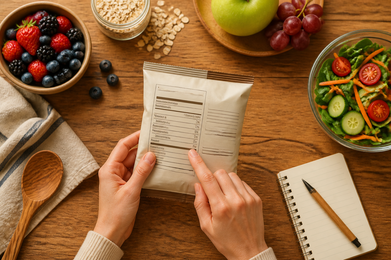 Overhead editorial still life related to Reading Nutrition Panels on a warm wooden surface