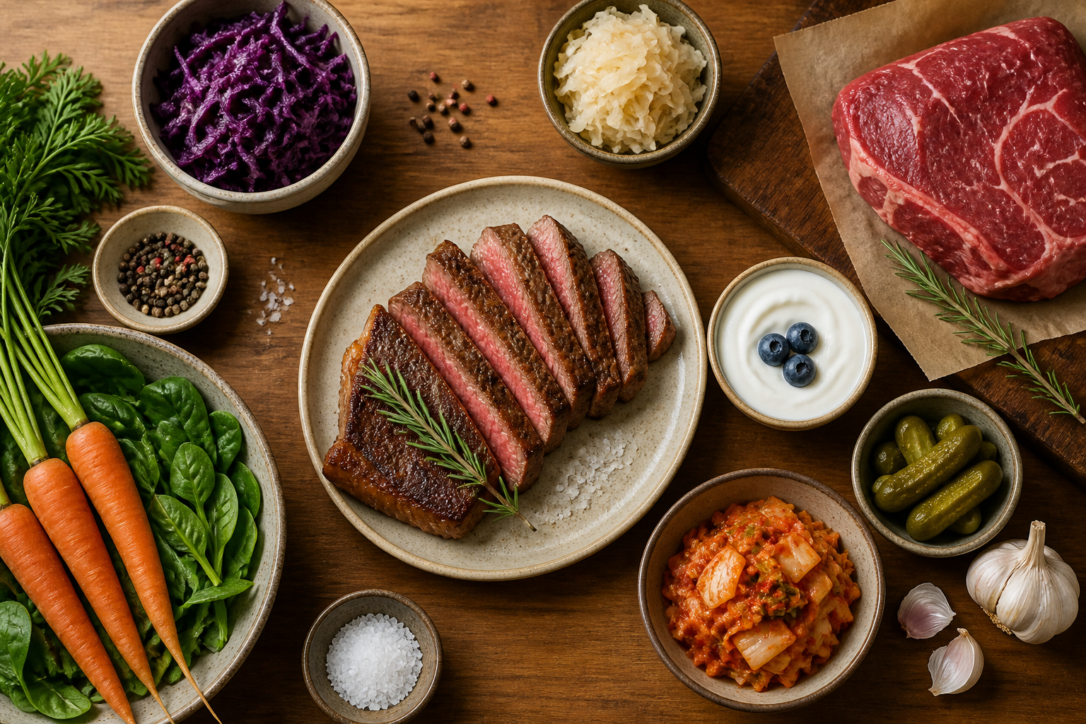Overhead editorial still life related to Red Meat and Your Gut on a warm wooden surface