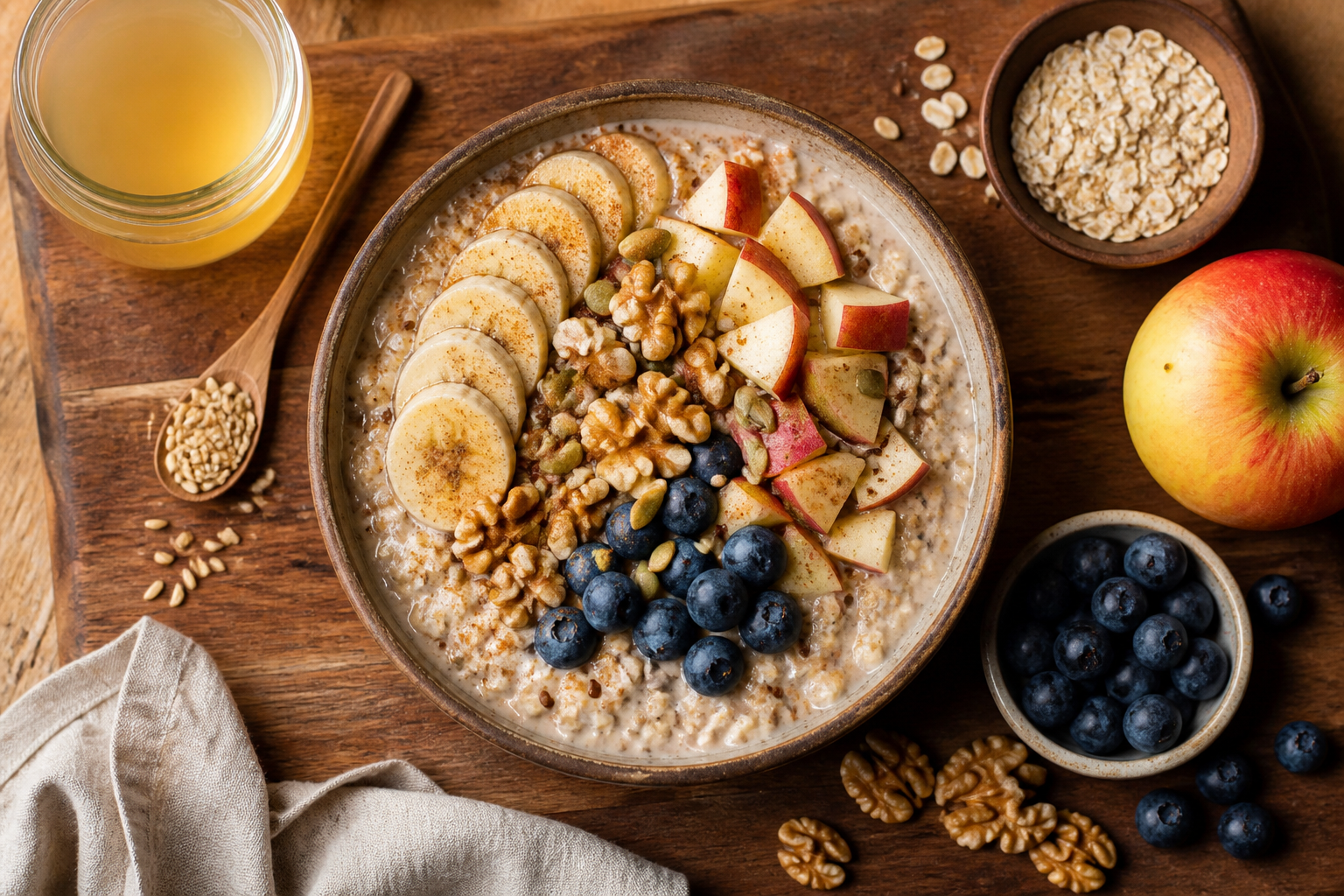 Overhead shot of Rejuvelac Overnight Oats plated appetizingly in a wooden board