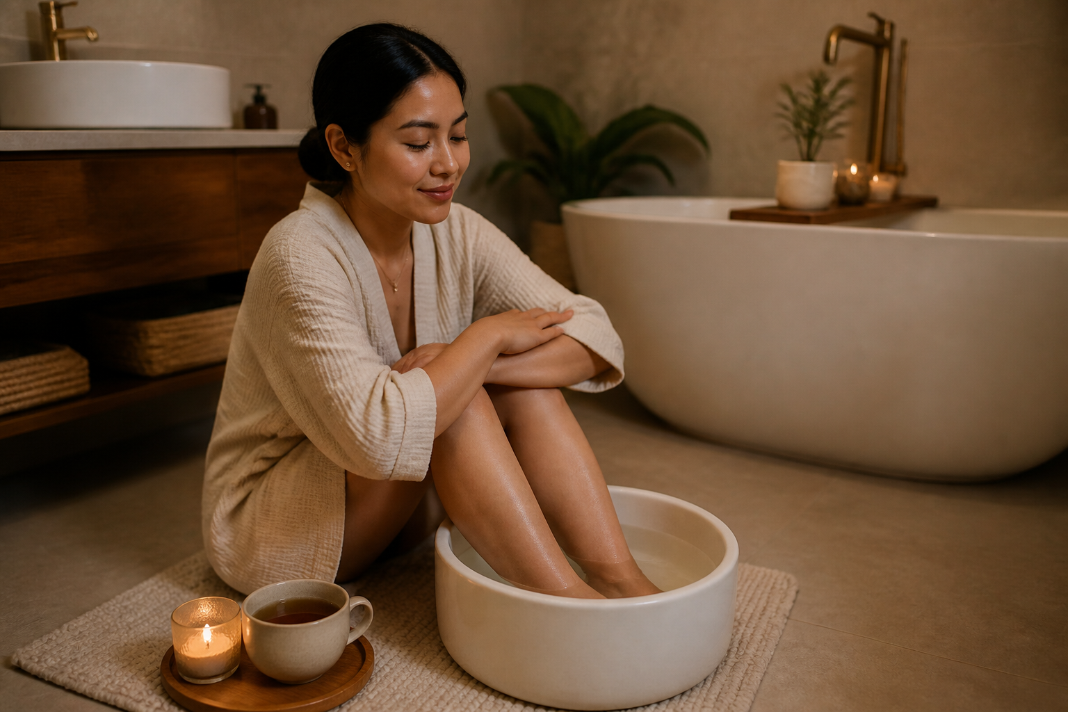 Filipino woman in her 30s sitting on a bathroom floor