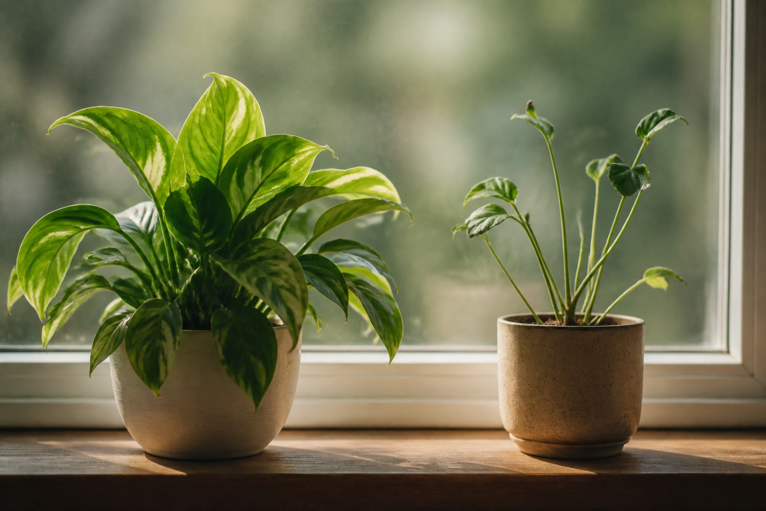 Two potted plants side by side, one lush and one sparse, in the same window light.