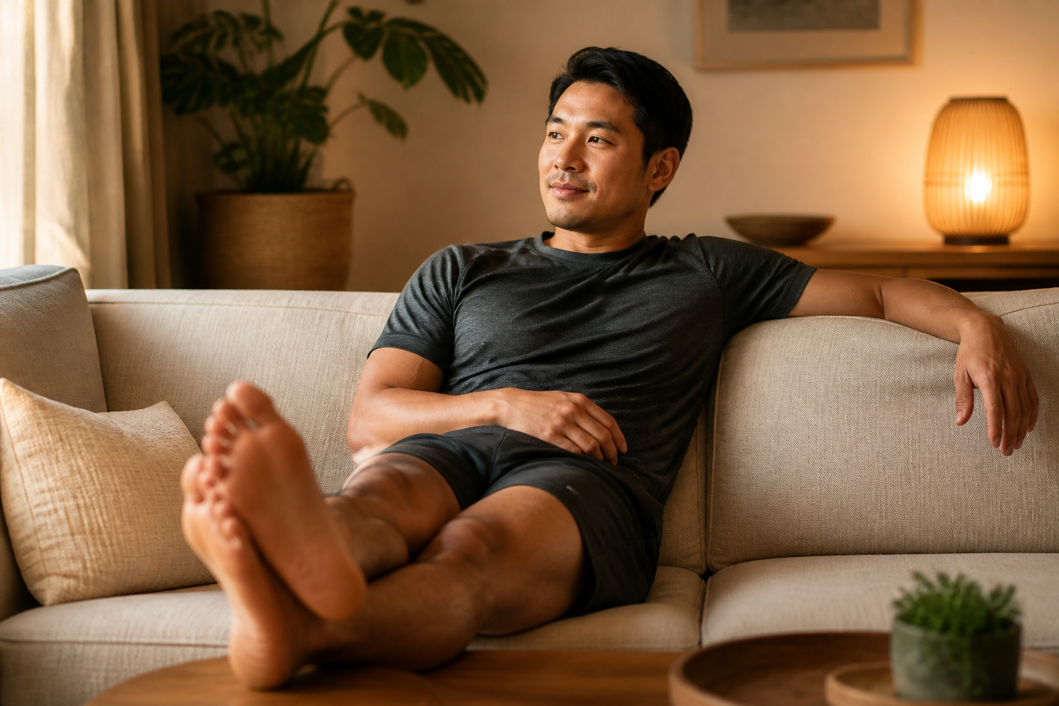 Filipino man in his 30s relaxing on a couch in athletic wear