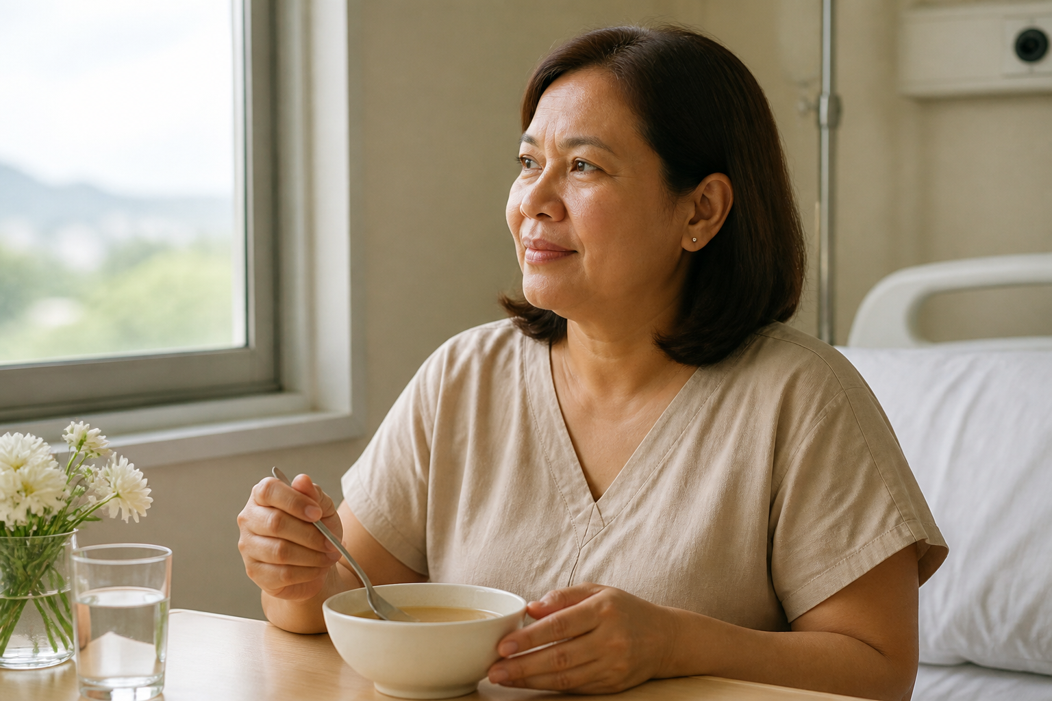 Filipino woman in her 50s sitting at a hospital bedside table with a small bowl of broth