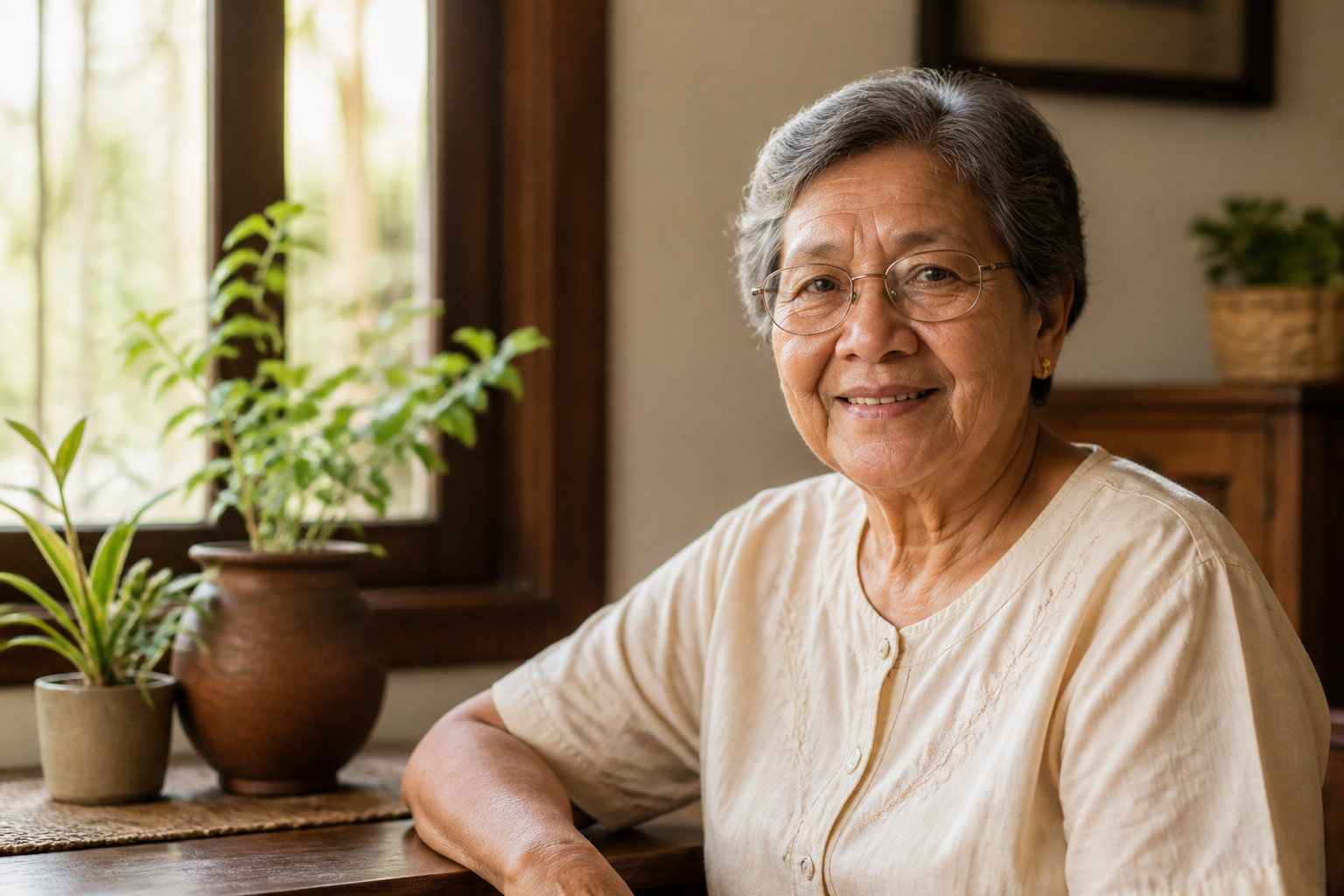 Filipino adult in their 70s in a warm home setting