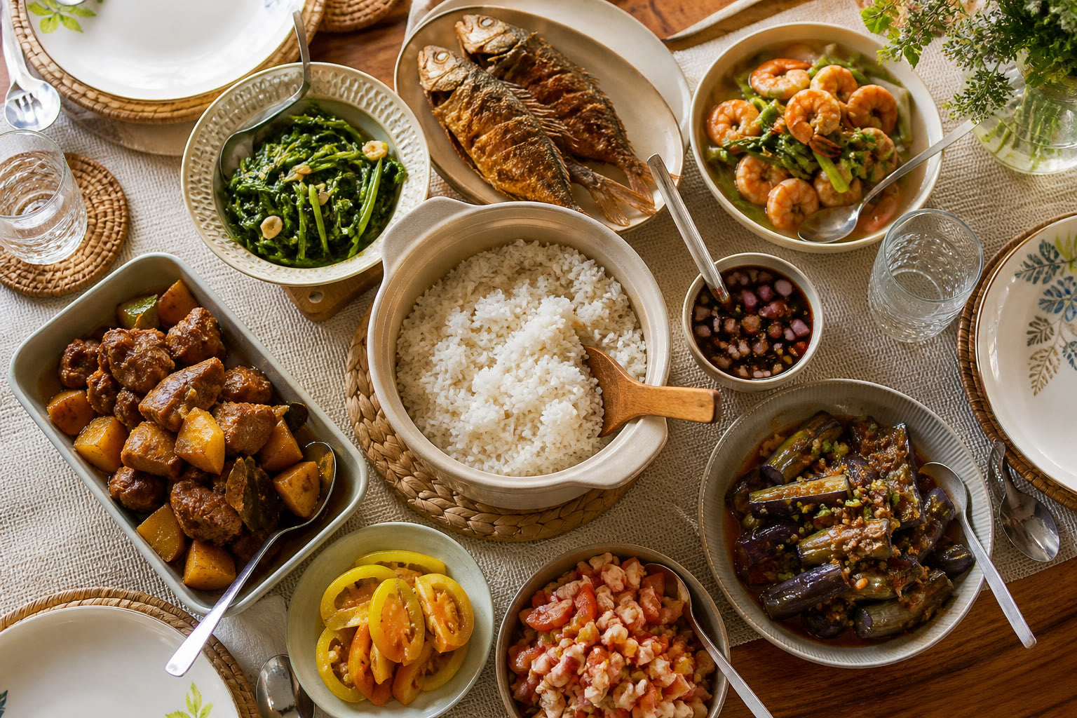 Overhead Filipino dining table with steamed rice and vegetable dishes