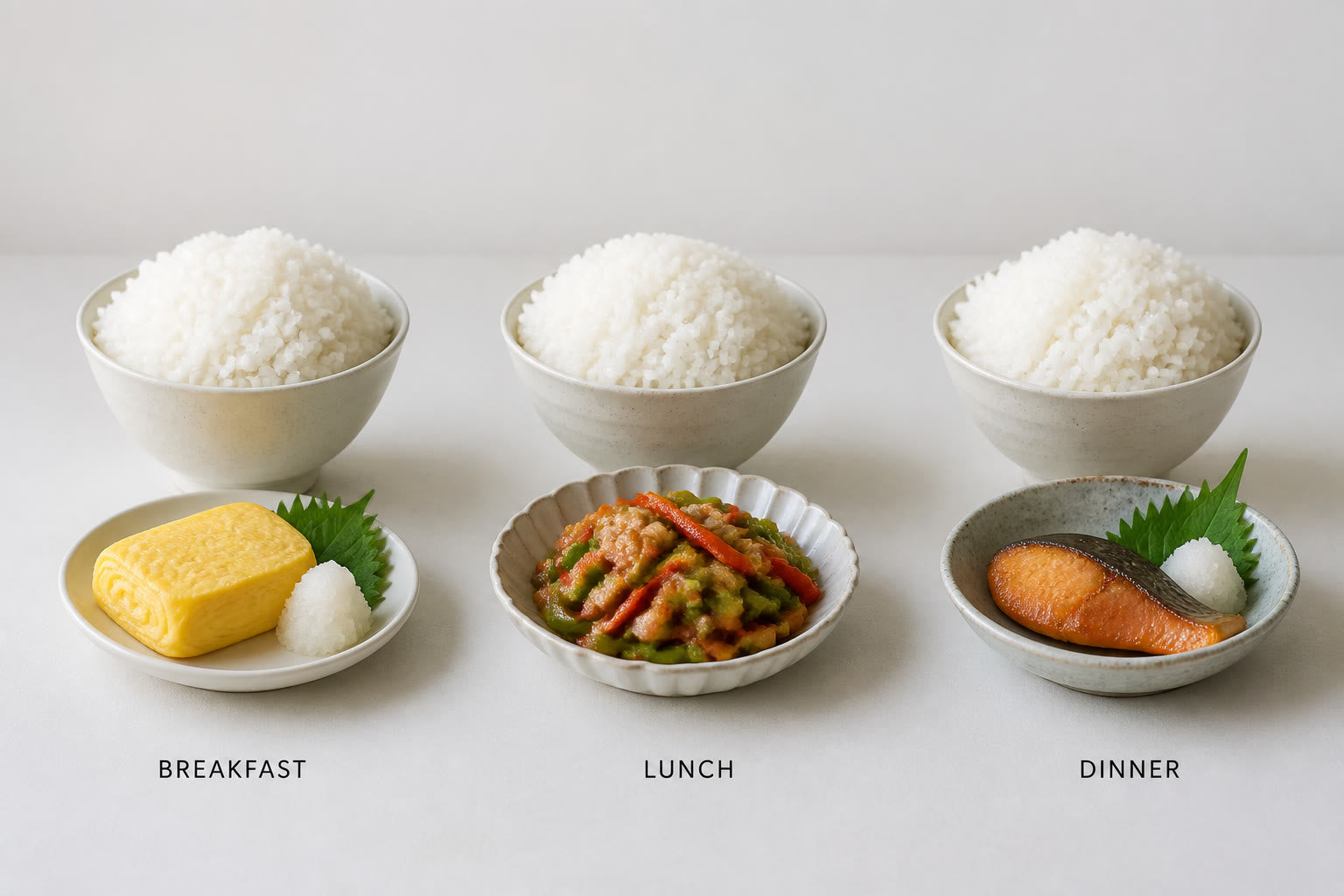 Three bowls of steamed rice each with a different side dish