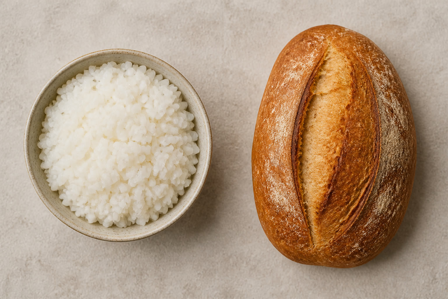 Split overhead view of steamed rice and a loaf of bread