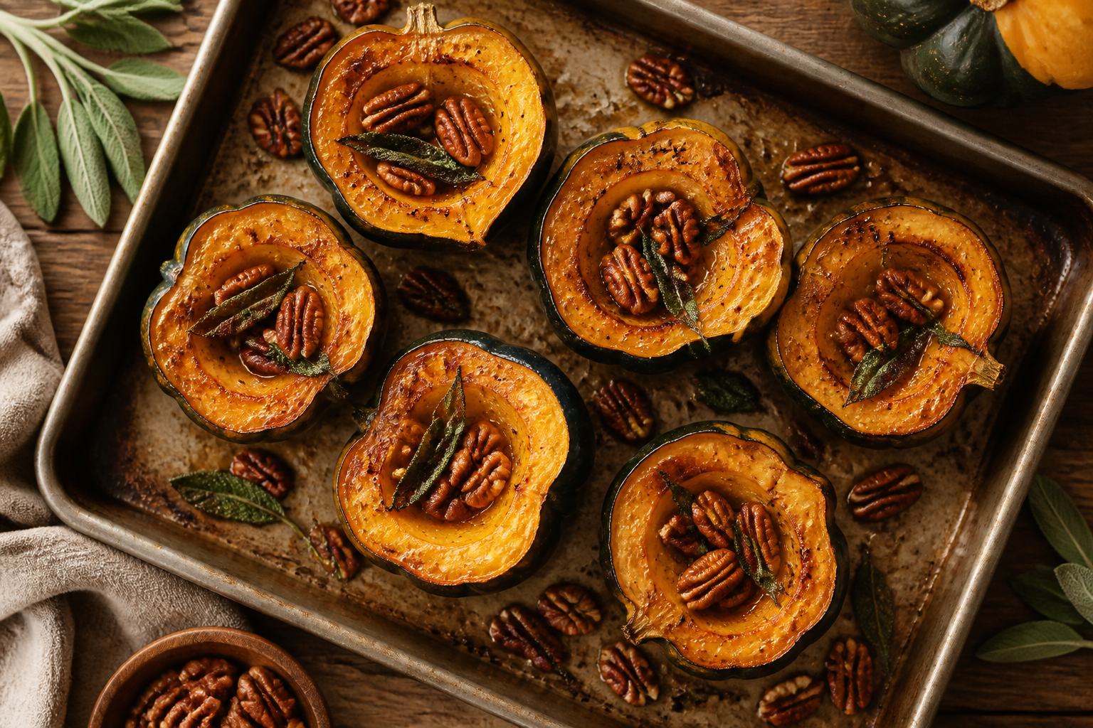 Overhead shot of Roasted Acorn Squash with Sage and Pecans plated appetizingly in a baking tray