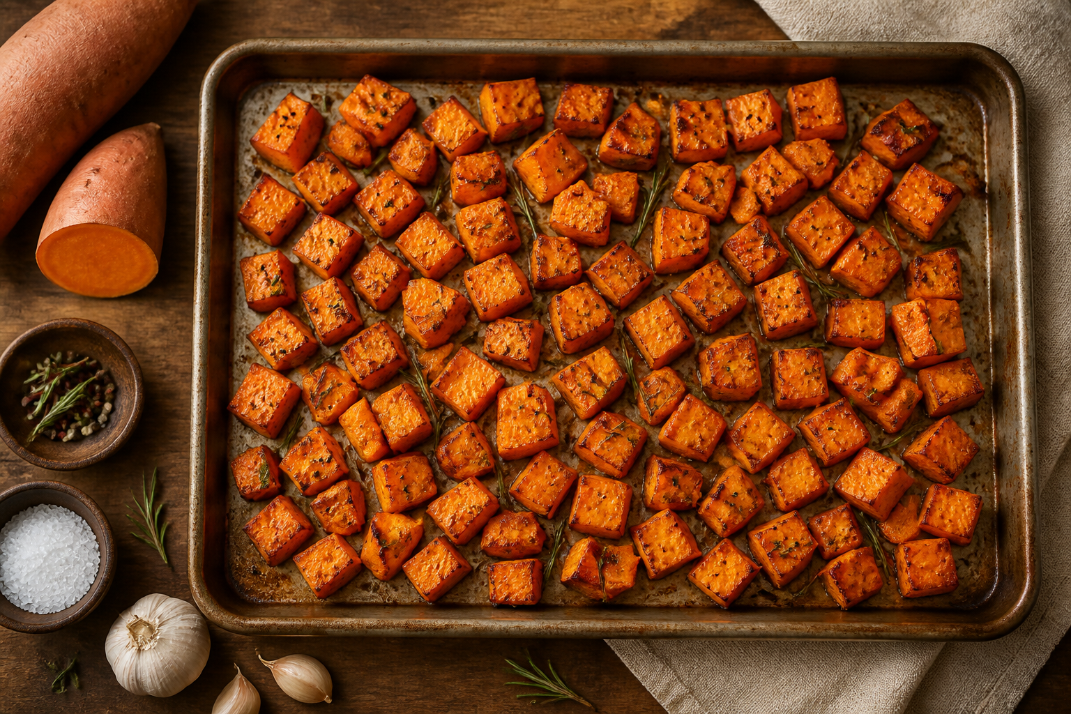 Overhead shot of Roasted and Cooled Sweet Potato Cubes plated appetizingly in a baking tray