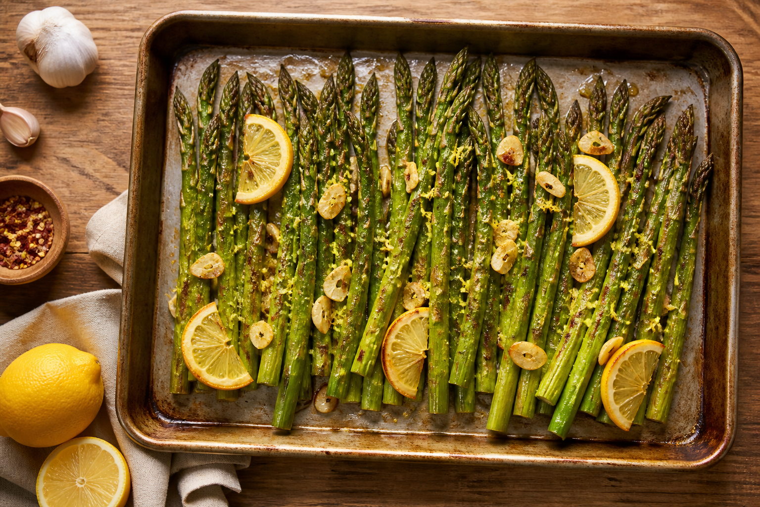 Overhead shot of Roasted Asparagus with Garlic and Lemon plated appetizingly in a baking tray