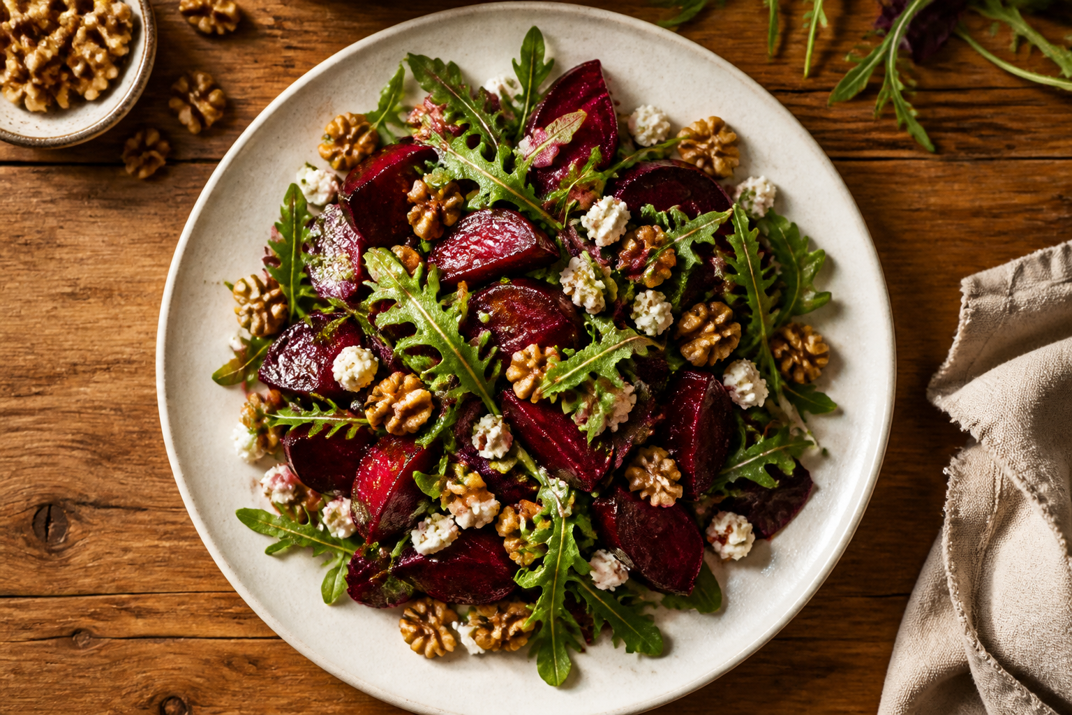 Overhead shot of Roasted Beet and Walnut Salad plated appetizingly in a wide clean plate